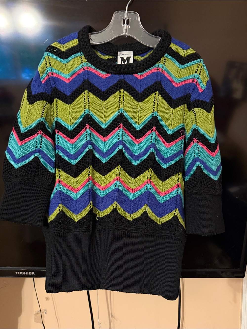 M by Missoni Black Chevron Knit Sweater with Lime, Blue & Pink Accents SIZE 40